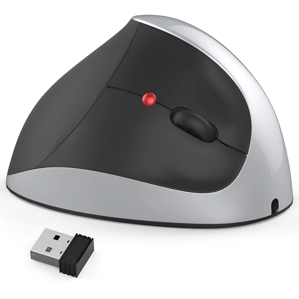 Vertical rechargeable wireless ergonomic mouse in black with 2400dpi and 2.4GHz receiver