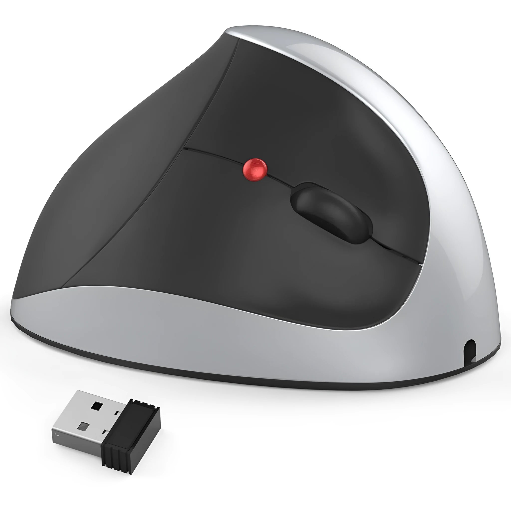 Vertical rechargeable wireless ergonomic mouse in black with 2400dpi and 2.4GHz receiver