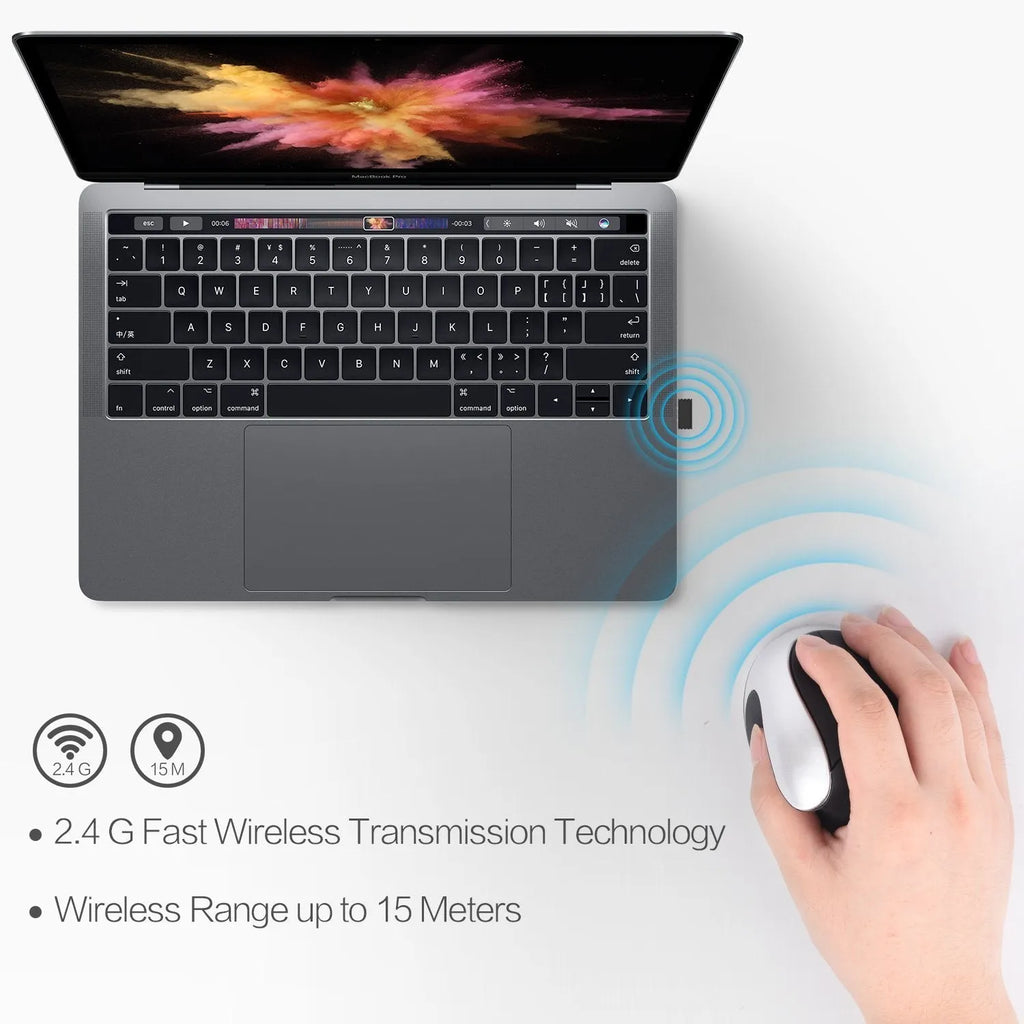 Vertical rechargeable wireless ergonomic mouse in black with 2400dpi and 2.4GHz receiver