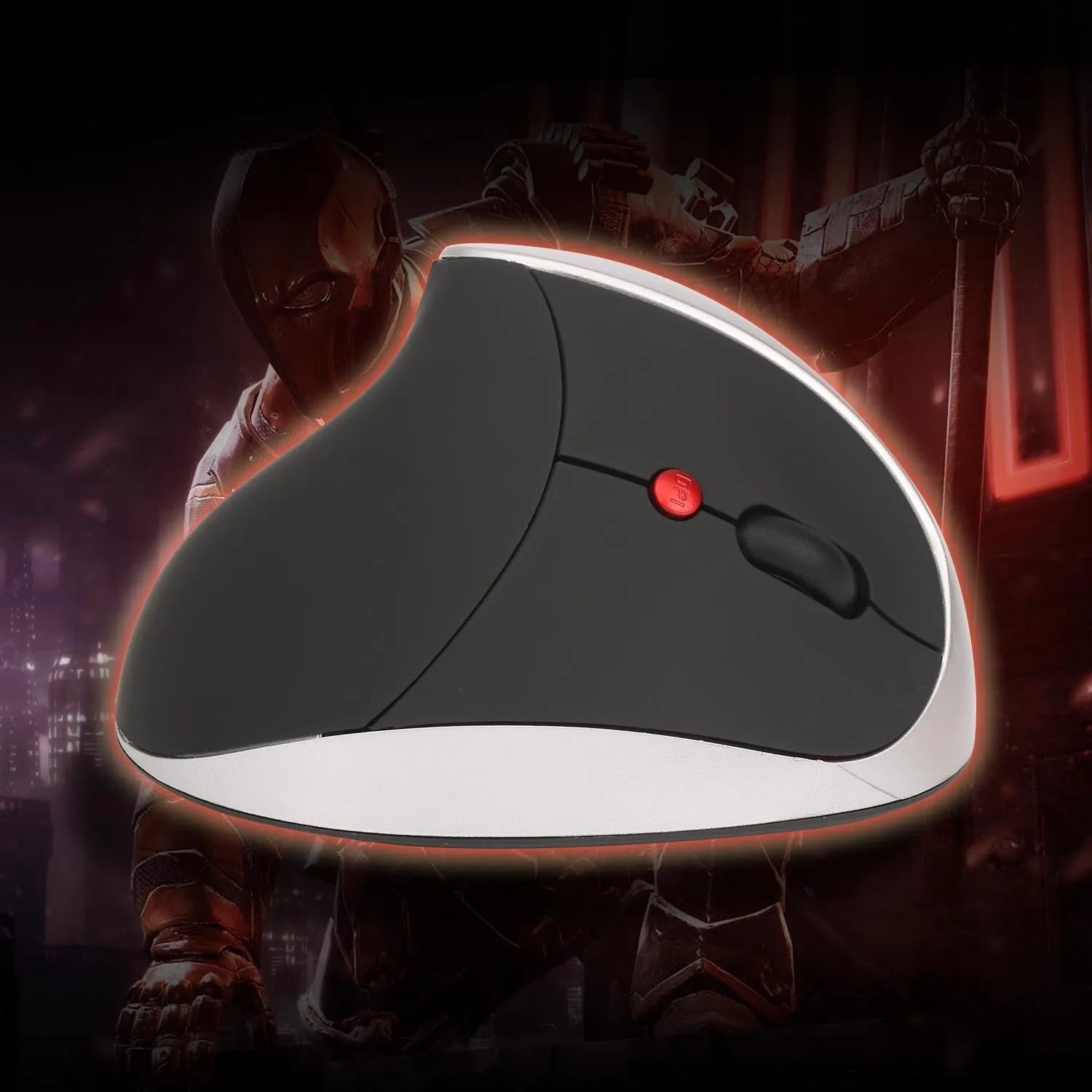 Vertical rechargeable wireless ergonomic mouse in black with 2400dpi and 2.4GHz receiver