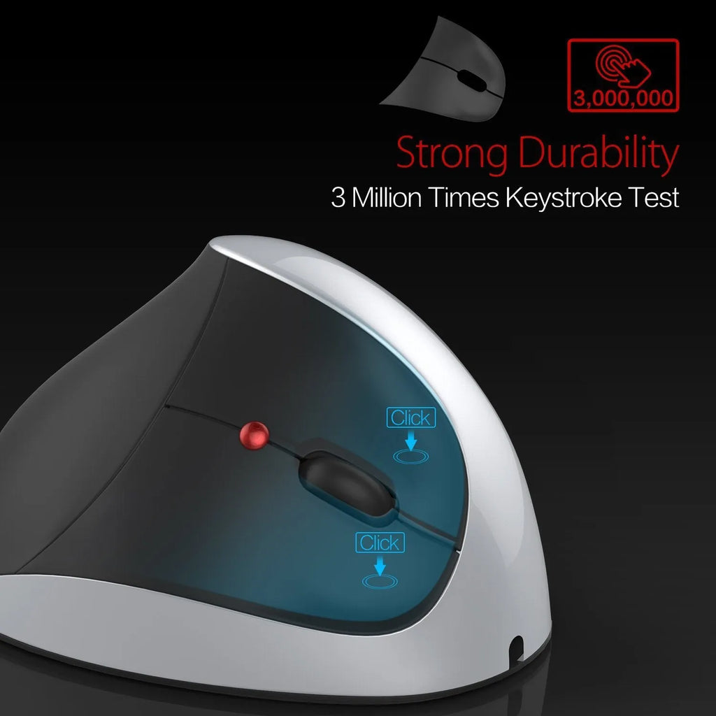 Vertical rechargeable wireless ergonomic mouse in black with 2400dpi and 2.4GHz receiver