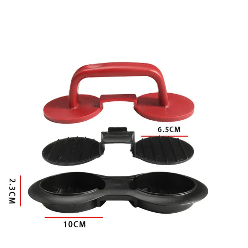 Black and red round plastic burger press for making uniform patties.