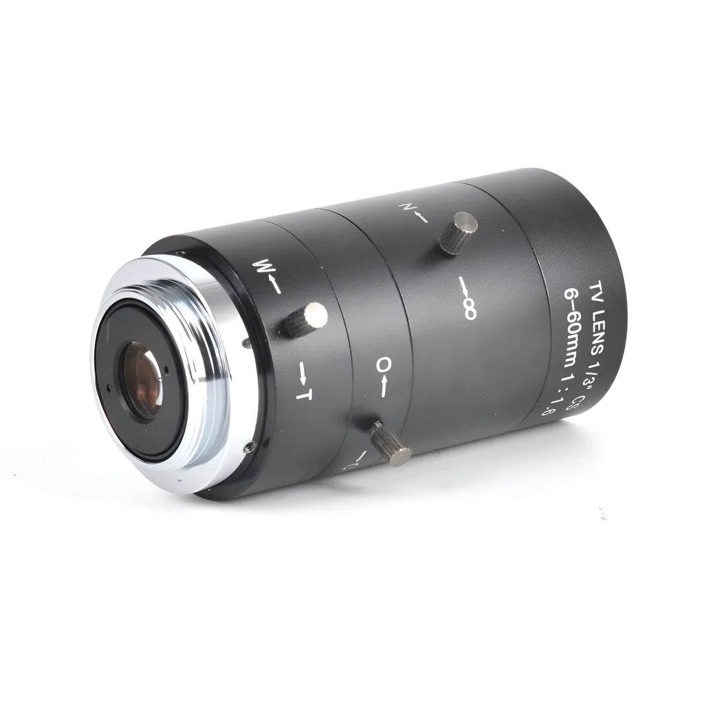Black manual aperture 6-60mm CS-mount camera lens on a white background.