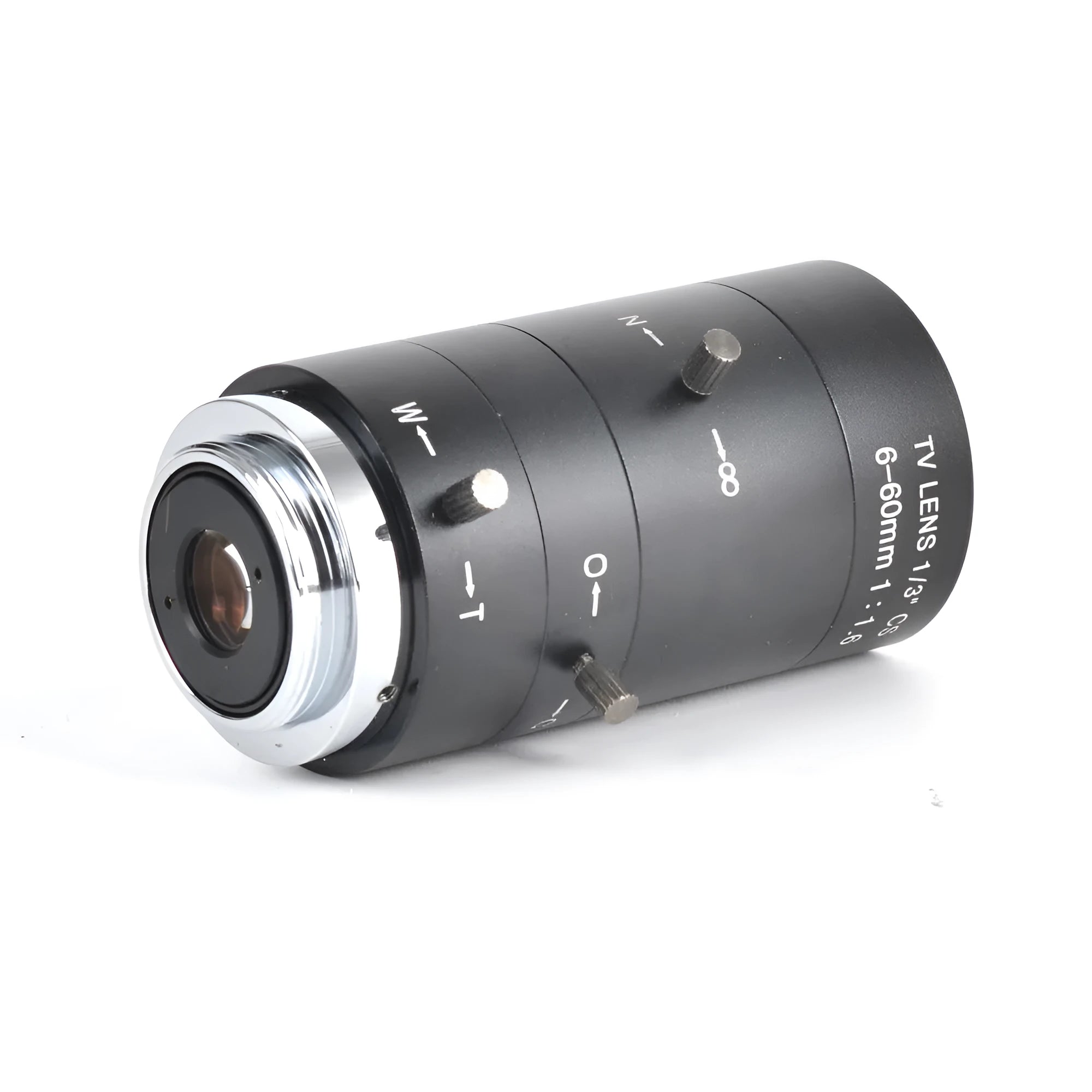 Black manual aperture 6-60mm CS-mount camera lens on a white background.