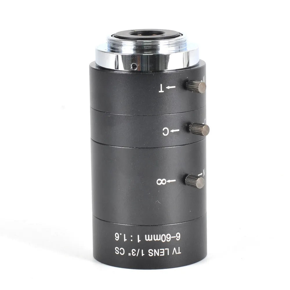 Black manual aperture 6-60mm CS-mount camera lens on a white background.