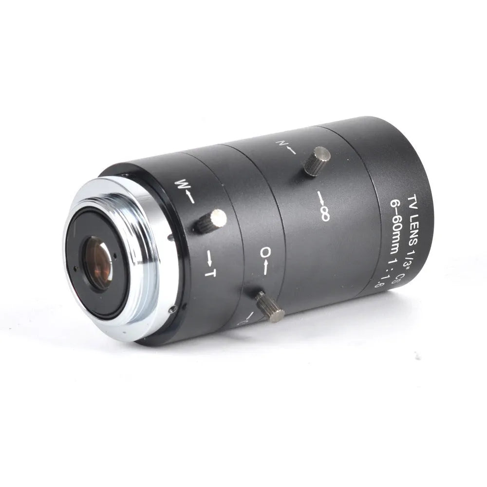 Black manual aperture 6-60mm CS-mount camera lens on a white background.