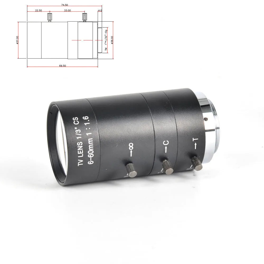 Black manual aperture 6-60mm CS-mount camera lens on a white background.