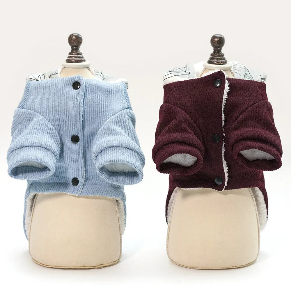 Hooded cotton padded pet coat in blue or wine red, bone leg design, sizes S to 2XL