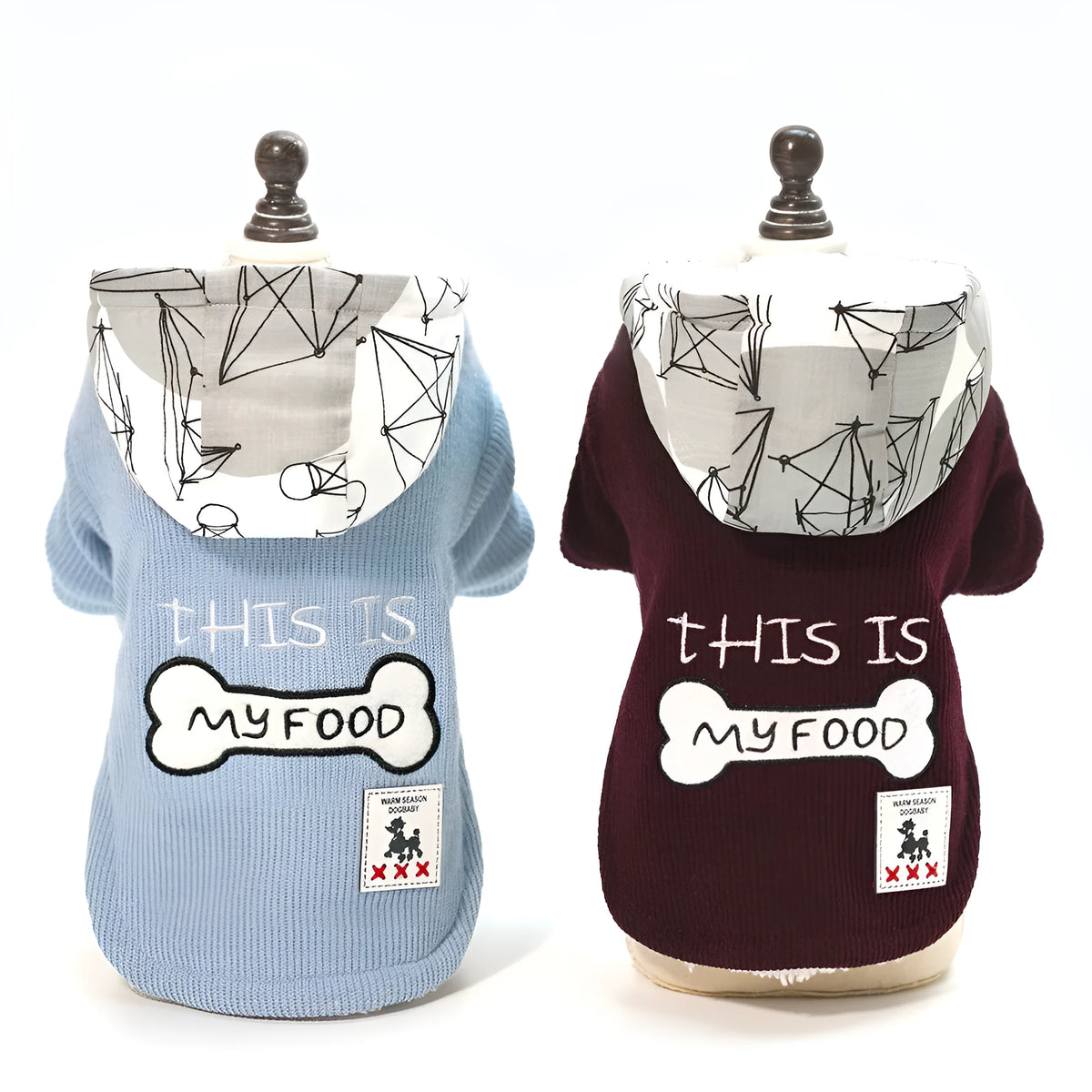 Hooded cotton padded pet coat in blue or wine red, bone leg design, sizes S to 2XL