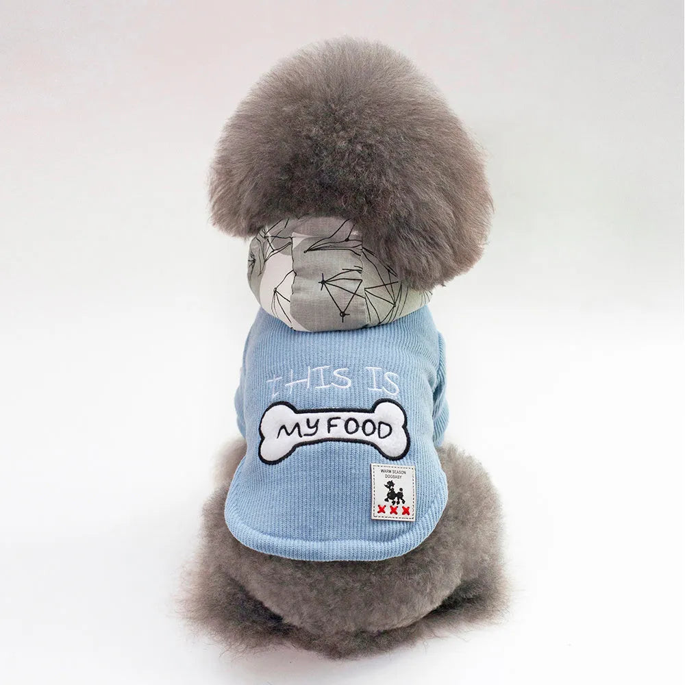 Hooded cotton padded pet coat in blue or wine red, bone leg design, sizes S to 2XL