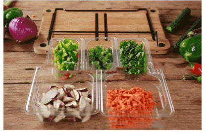 Premium bamboo cutting board with convenient storage trays for chopping, slicing, and dicing ingredients