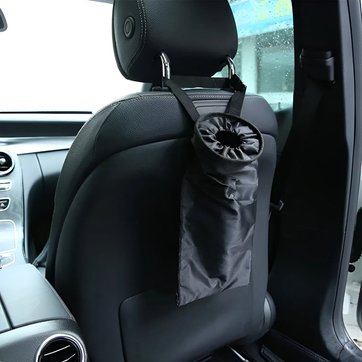 Black Oxford cloth car seatback storage bag and trash bag, 38x18x12cm, reusable waterproof car rubbish container