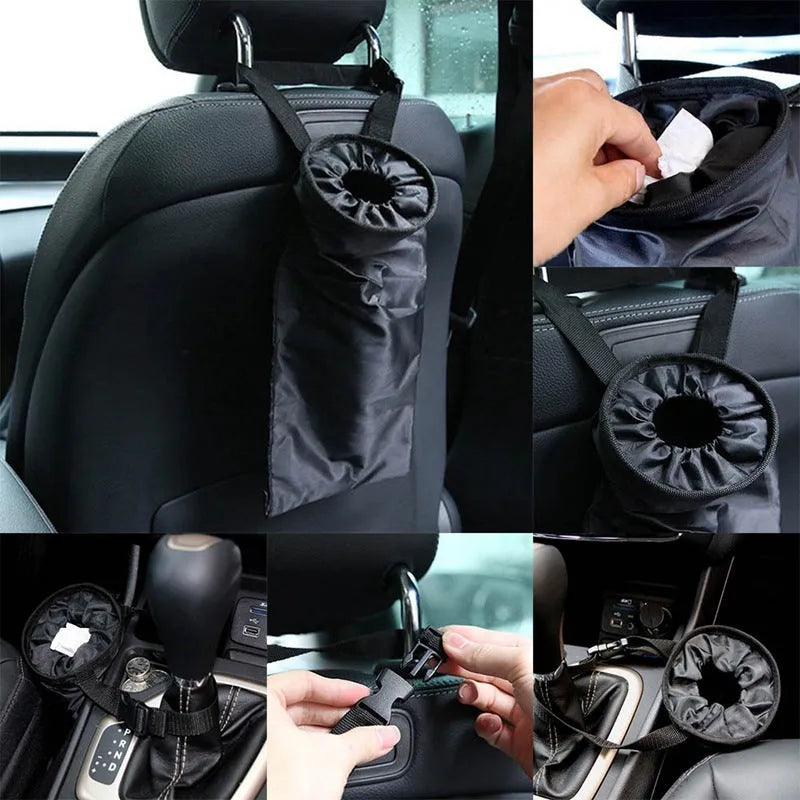 Black Oxford cloth car seatback storage bag and trash bag, 38x18x12cm, reusable waterproof car rubbish container
