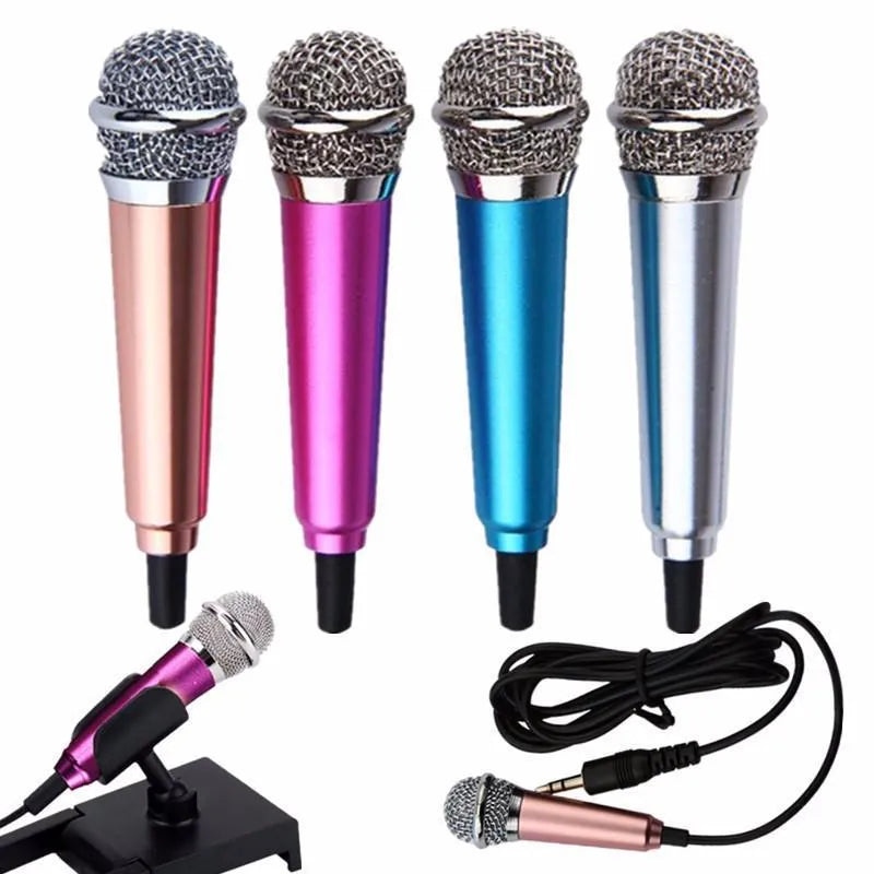 T3 mini condenser karaoke microphone with 3.5mm wired jack in blue, gold, red, or silver colour options