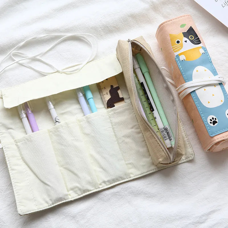 Korean style student pencil case with rolling pencil cartoon pattern in multiple colour options