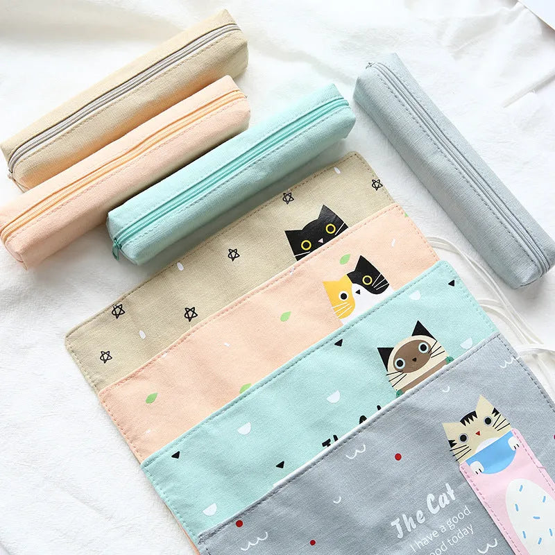 Korean style student pencil case with rolling pencil cartoon pattern in multiple colour options