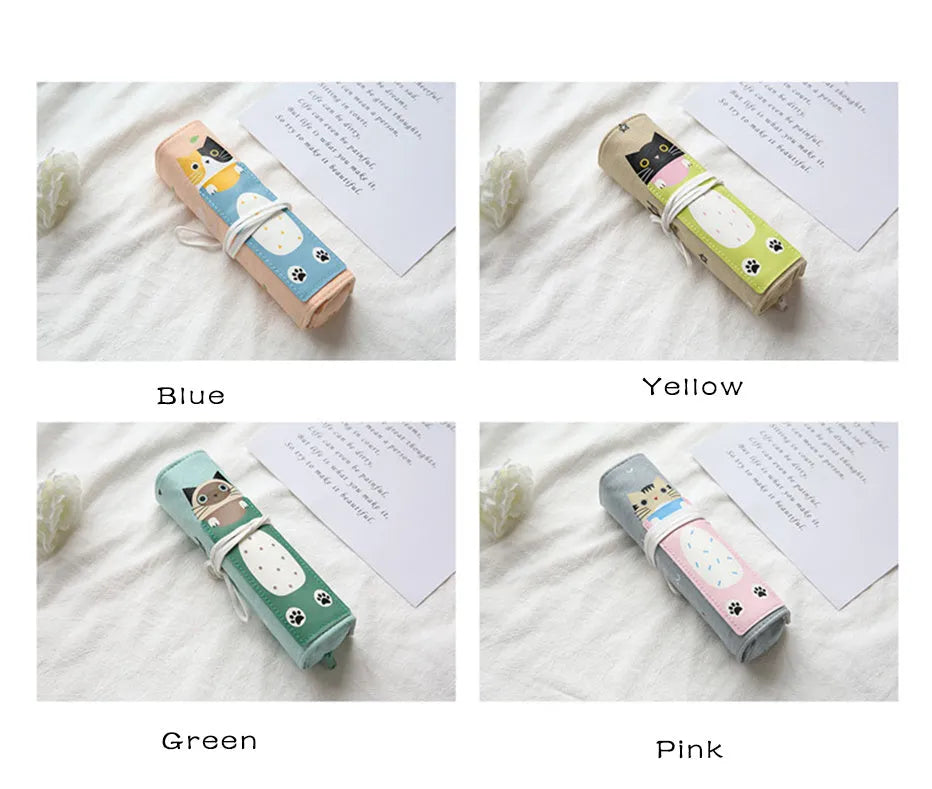 Korean style student pencil case with rolling pencil cartoon pattern in multiple colour options