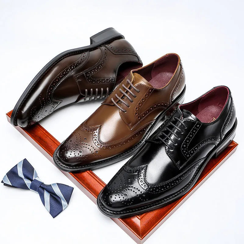 Men's black two-layer cowhide leather business casual shoes with rubber sole and leather toe cap