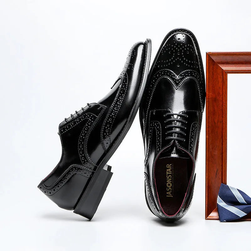 Men's black two-layer cowhide leather business casual shoes with rubber sole and leather toe cap