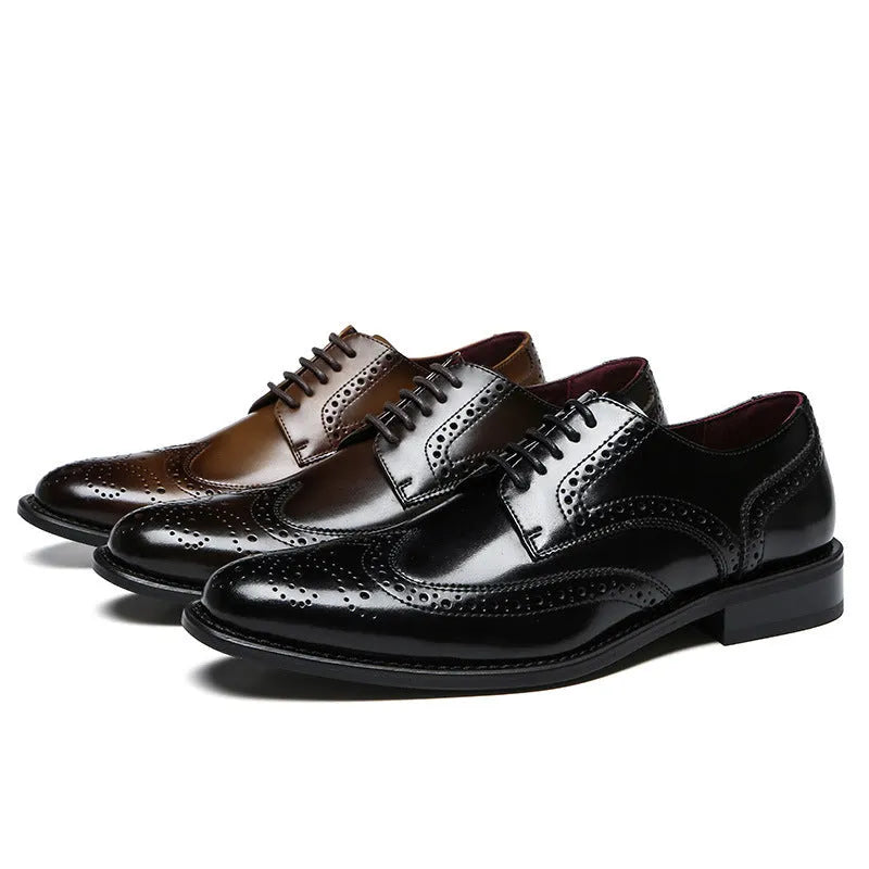 Men's black two-layer cowhide leather business casual shoes with rubber sole and leather toe cap