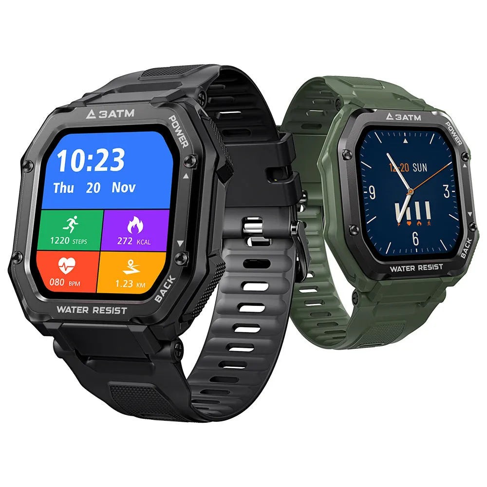 1.69-inch outdoor sports smart watch with silicone wristband in Army Green or Black colour