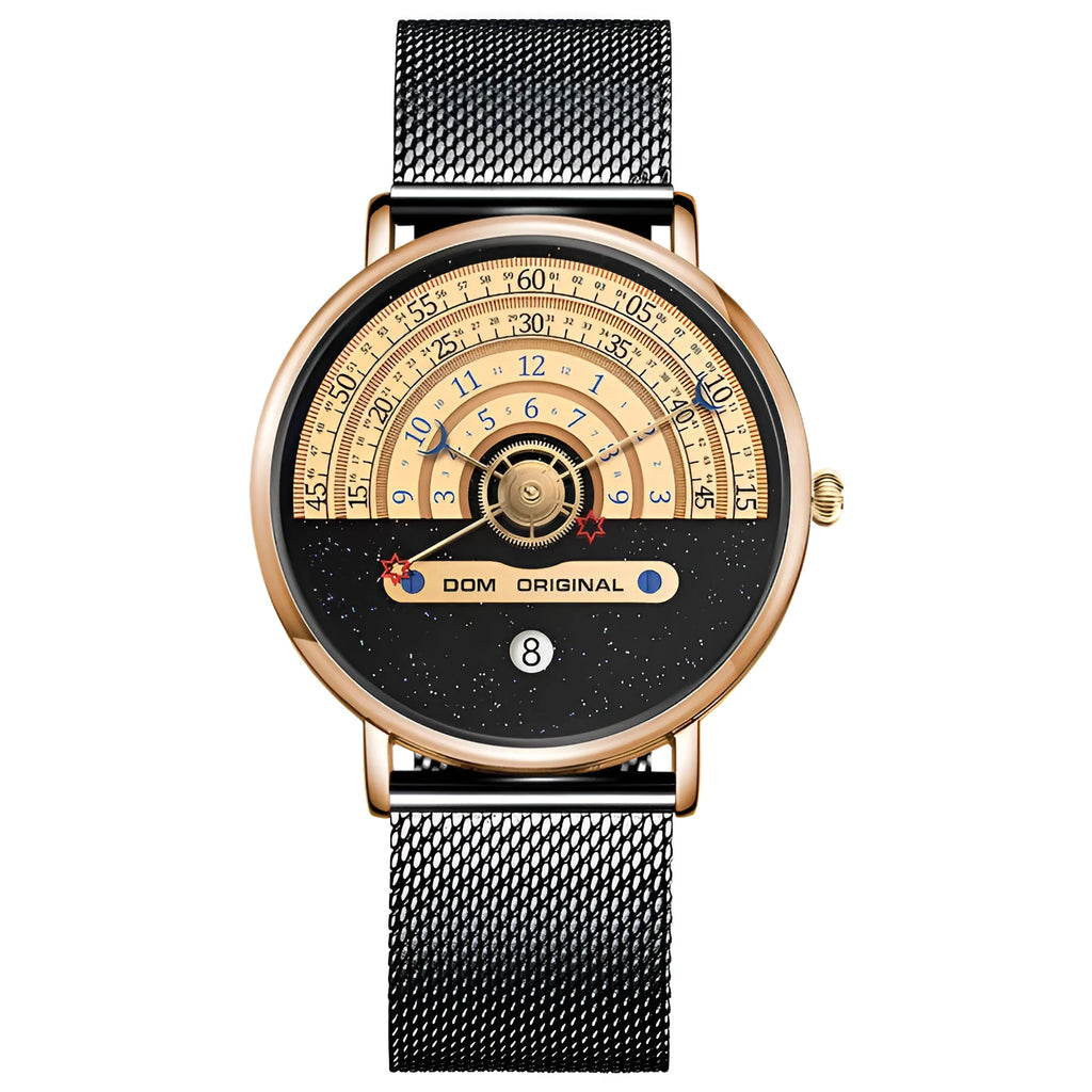 Men's M-1288 quartz watch with 40mm round alloy case, mineral glass, 24-hour dial, available in gold with stainless steel strap