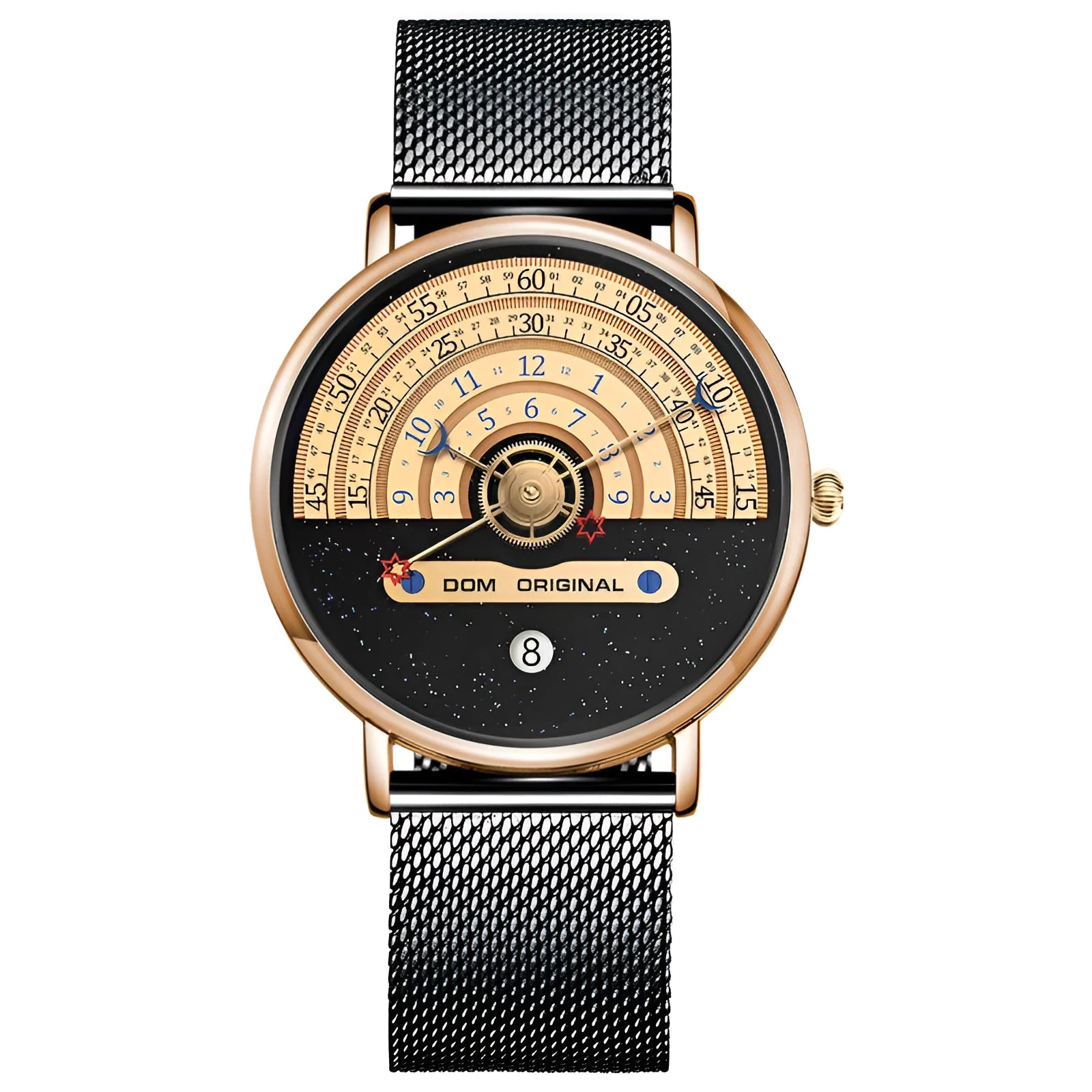 Men's M-1288 quartz watch with 40mm round alloy case, mineral glass, 24-hour dial, available in gold with stainless steel strap