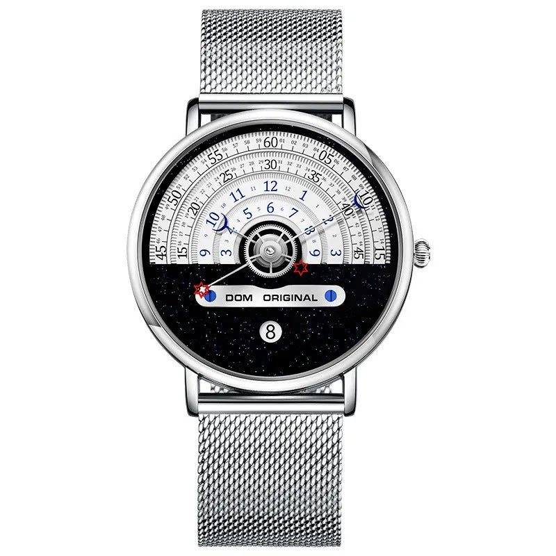 Men's M-1288 quartz watch with 40mm round alloy case, mineral glass, 24-hour dial, available in gold with stainless steel strap