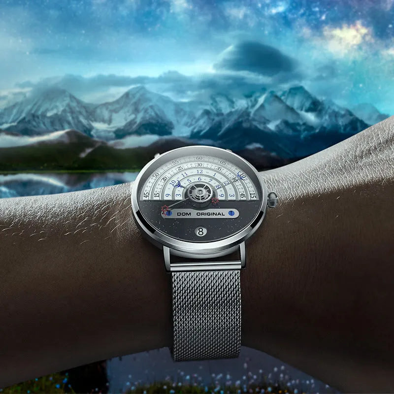 Men's M-1288 quartz watch with 40mm round alloy case, mineral glass, 24-hour dial, available in gold with stainless steel strap