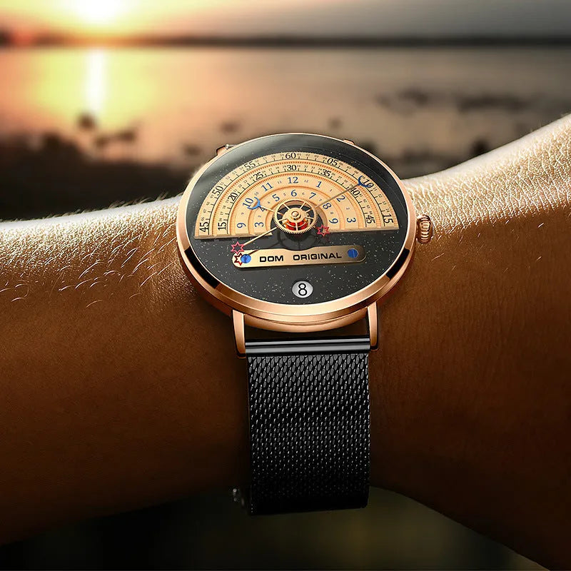 Men's M-1288 quartz watch with 40mm round alloy case, mineral glass, 24-hour dial, available in gold with stainless steel strap