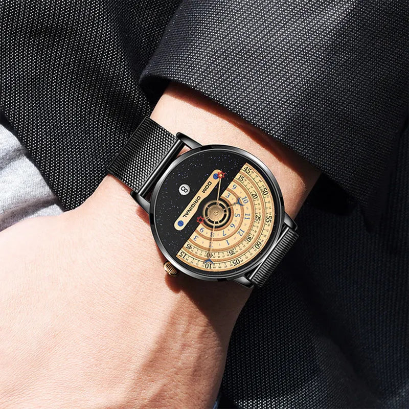 Men's M-1288 quartz watch with 40mm round alloy case, mineral glass, 24-hour dial, available in gold with stainless steel strap