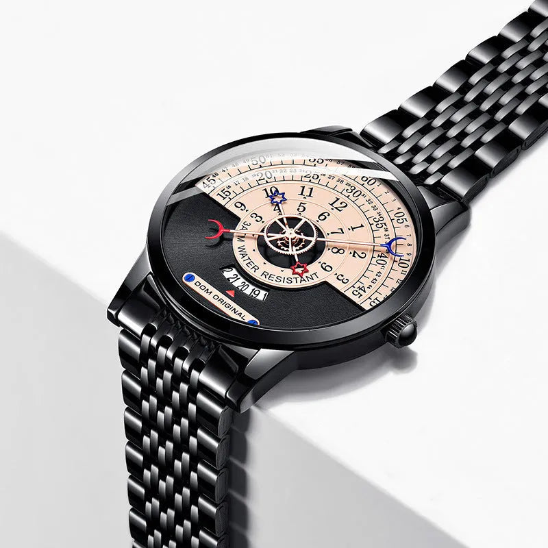 Men's M-1288 quartz watch with 40mm round alloy case, mineral glass, 24-hour dial, available in gold with stainless steel strap