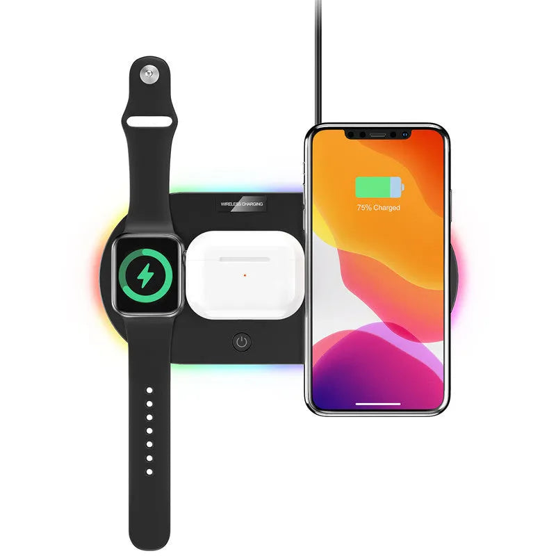 Black and white desktop wireless charging stand for smartphones with status light.