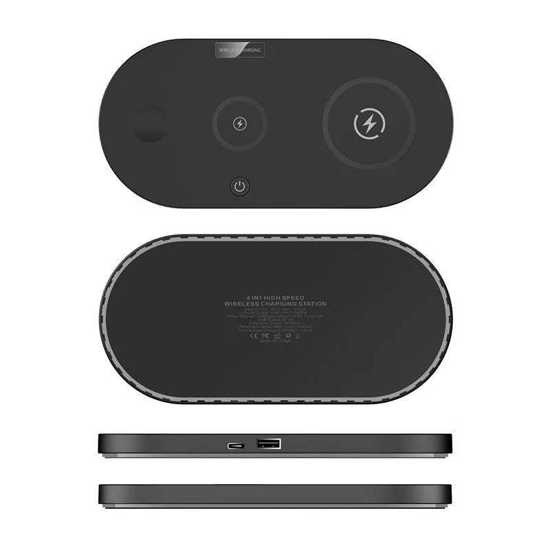 Black and white desktop wireless charging stand for smartphones with status light.