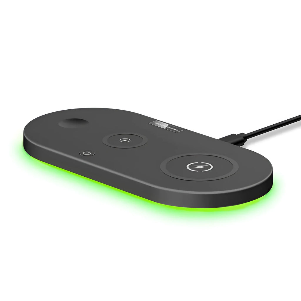 Black and white desktop wireless charging stand for smartphones with status light.