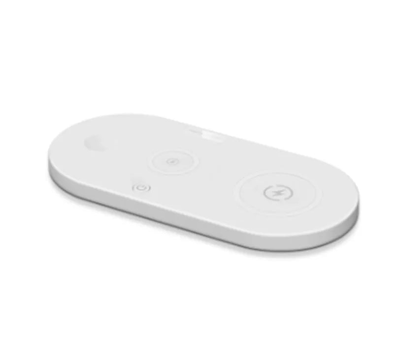 Black and white desktop wireless charging stand for smartphones with status light.
