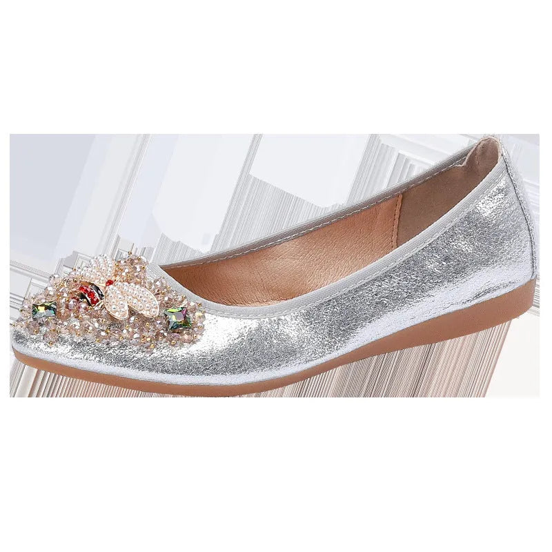 Women's rhinestone flat casual shoes in black with beef tendon sole