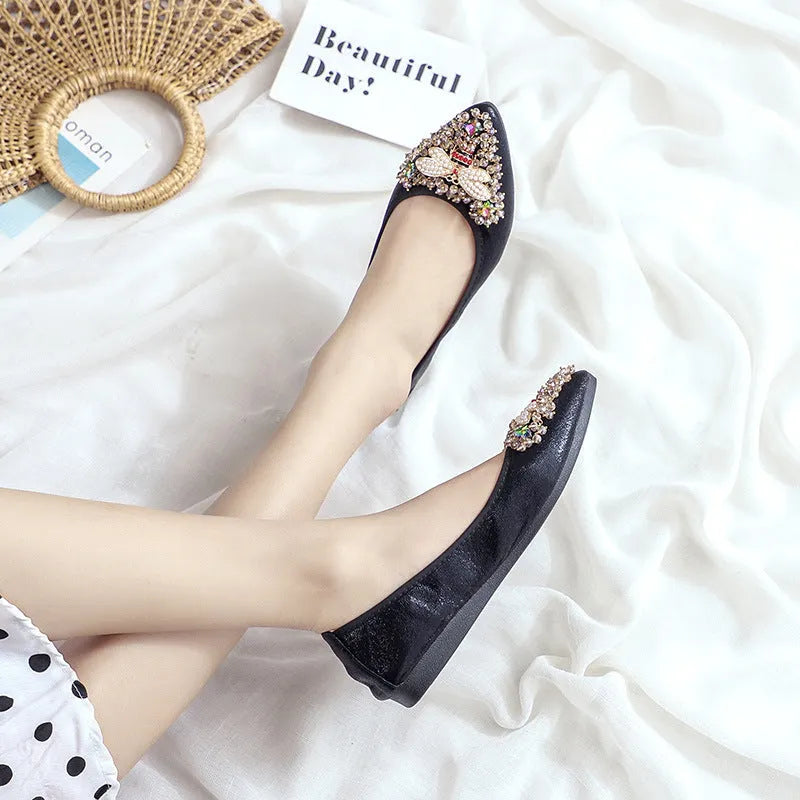 Women's rhinestone flat casual shoes in black with beef tendon sole