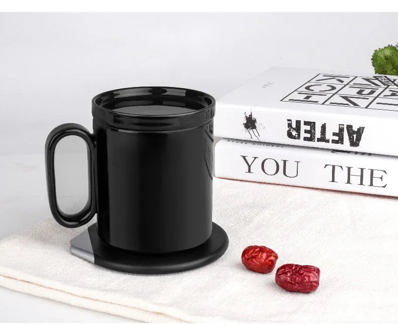 Wireless charging warm cup with 350ml porcelain mug on induction heating base showing black and white colour options