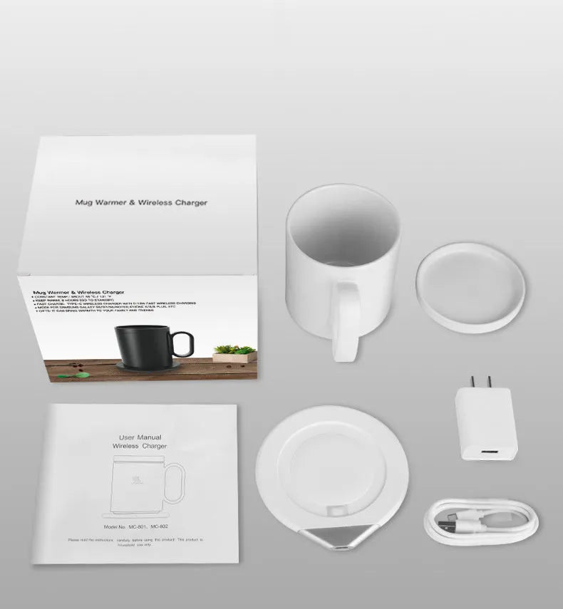 Wireless charging warm cup with 350ml porcelain mug on induction heating base showing black and white colour options