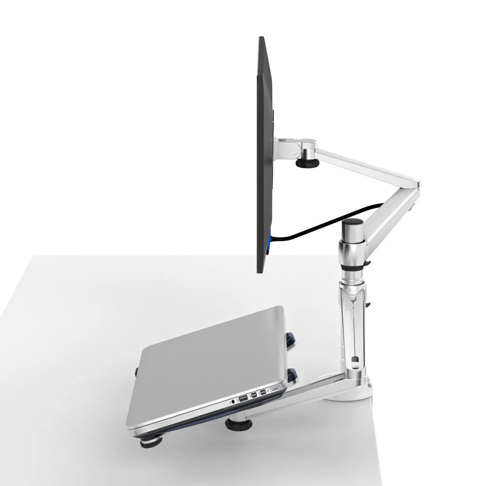 Silver dual-purpose notebook and monitor bracket with double-section arm on a desk