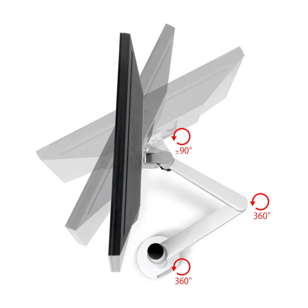Silver dual-purpose notebook and monitor bracket with double-section arm on a desk