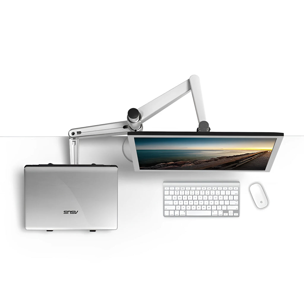 Silver dual-purpose notebook and monitor bracket with double-section arm on a desk