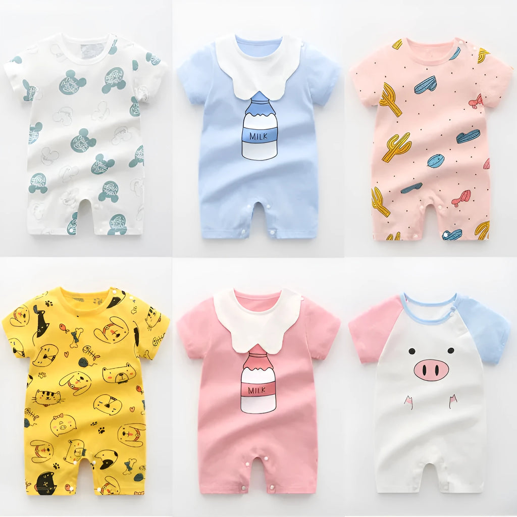 Newborn baby summer romper pajamas in 100% cotton, short sleeves, unisex design, available in multiple colours and sizes from 66cm to 100cm