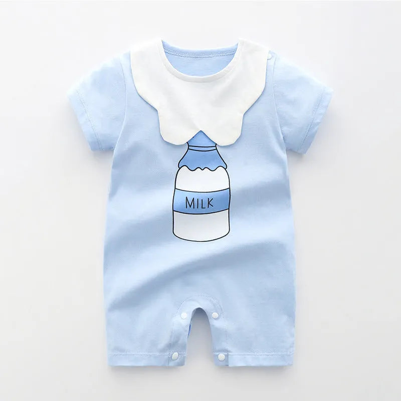 Newborn baby summer romper pajamas in 100% cotton, short sleeves, unisex design, available in multiple colours and sizes from 66cm to 100cm