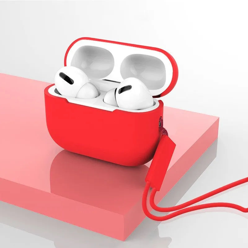 AirPods Pro 2 silicone protective case with attached lanyard in various solid colours.