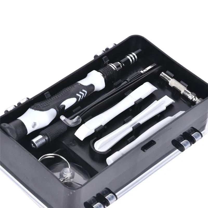 117-in-1 precision screwdriver set with magnetic bits and flexible shaft in a black case.