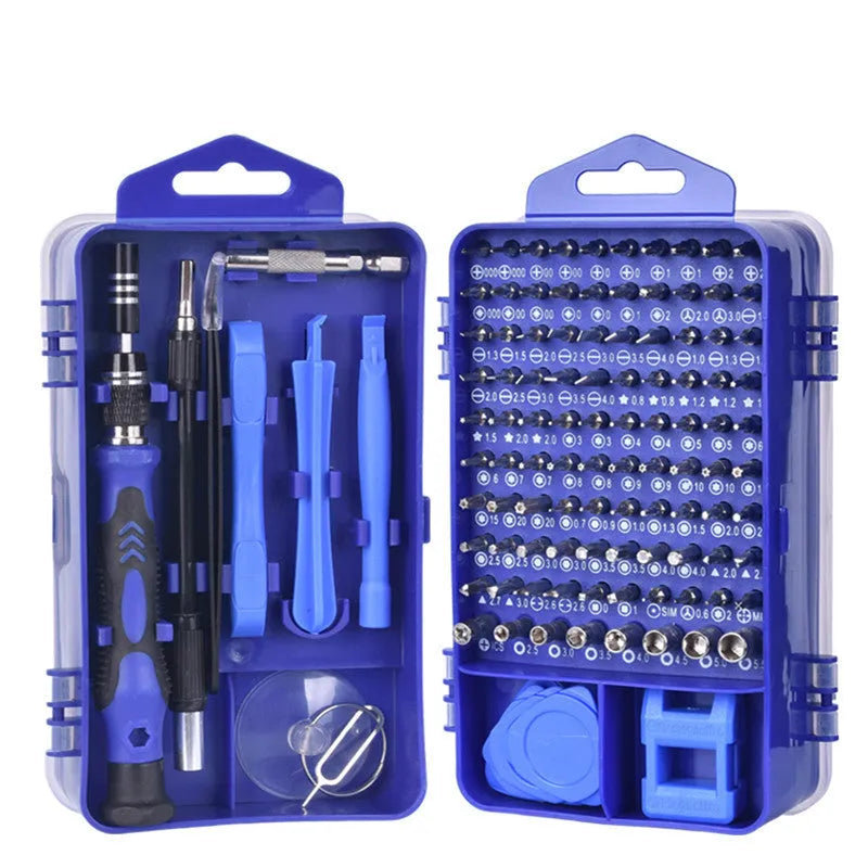 117-in-1 precision screwdriver set with magnetic bits and flexible shaft in a black case.
