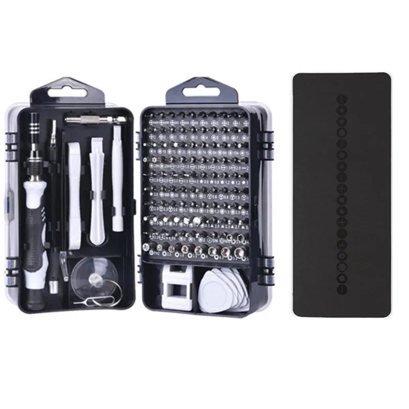 117-in-1 precision screwdriver set with magnetic bits and flexible shaft in a black case.