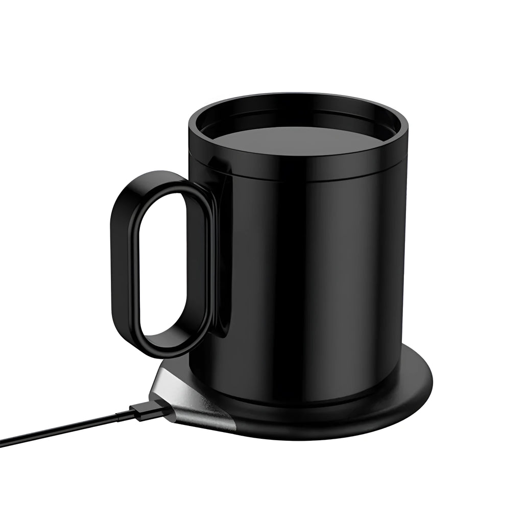 Wireless charging warm cup with 350ml porcelain mug on induction heating base showing black and white colour options